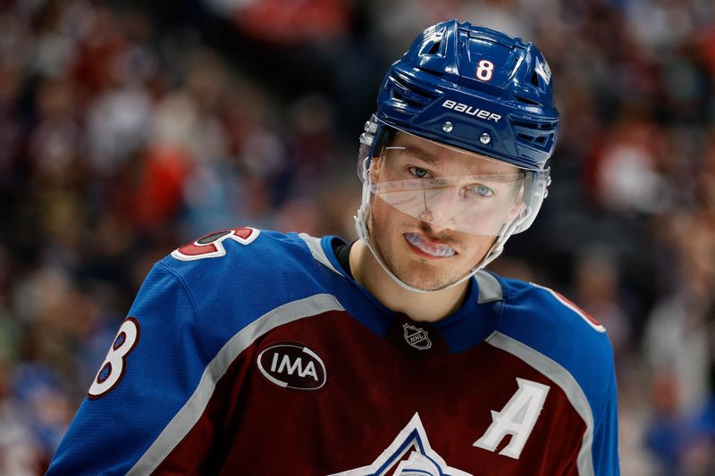 Nov 15, 2024; Denver, Colorado, USA; Colorado Avalanche defenseman Cale Makar (8) before the start of the third period against the Washington Capitals at Ball Arena. Mandatory Credit: Isaiah J. Downing-Imagn Images