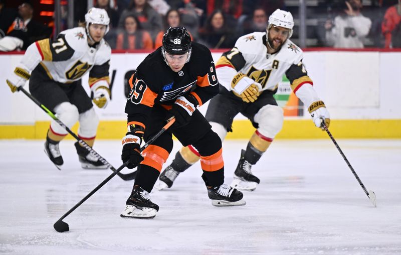 Nov 18, 2023; Philadelphia, Pennsylvania, USA; Philadelphia Flyers right wing Cam Atkinson (89) controls the puck against the Vegas Golden Knights in the second period at Wells Fargo Center. Mandatory Credit: Kyle Ross-USA TODAY Sports