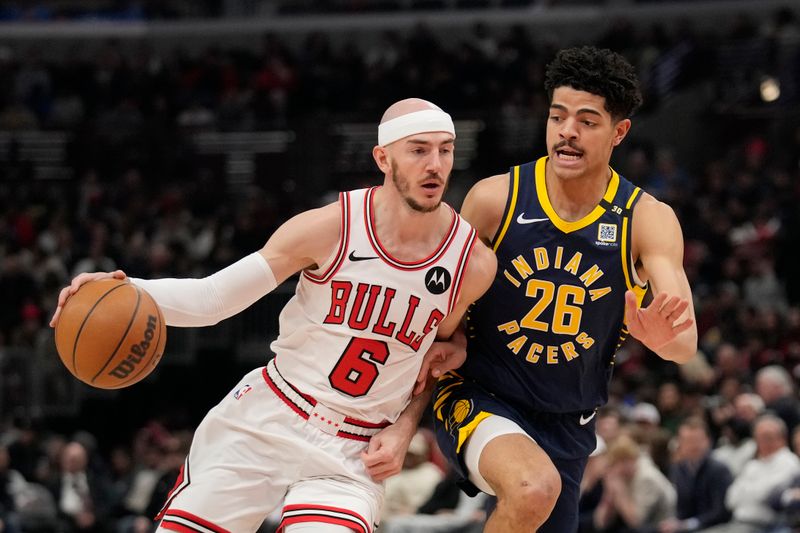 CHICAGO, ILLINOIS - MARCH 27: Alex Caruso #6 of the Chicago Bulls dribbles the ball against Ben Sheppard #26 of the Indiana Pacers during the first half at the United Center on March 27, 2024 in Chicago, Illinois. NOTE TO USER: User expressly acknowledges and agrees that, by downloading and or using this photograph, User is consenting to the terms and conditions of the Getty Images License Agreement. (Photo by Patrick McDermott/Getty Images)