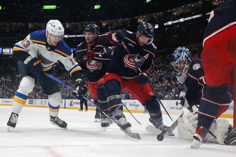 Dec 8, 2023; Columbus, Ohio, USA; Columbus Blue Jackets goalie Jet Greaves (73) makes a stick save against the St. Louis Blues during the third period at Nationwide Arena. Mandatory Credit: Russell LaBounty-USA TODAY Sports