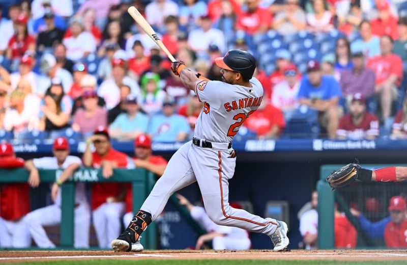 Jul 25, 2023; Philadelphia, Pennsylvania, USA; Baltimore Orioles outfielder Anthony Santander (25) hits a double against the Philadelphia Phillies in the first inning at Citizens Bank Park. Mandatory Credit: Kyle Ross-USA TODAY Sports