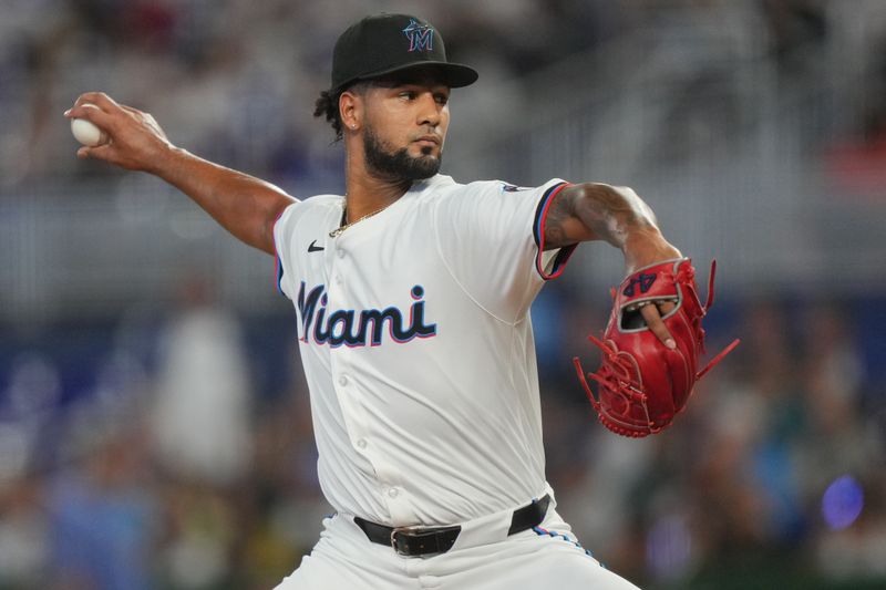 Jul 25, 2024; Miami, Florida, USA;  Miami Marlins starting pitcher Roddery Munoz (71) delivers against the Baltimore Orioles in the first inning at loanDepot Park. Mandatory Credit: Jim Rassol-USA TODAY Sports