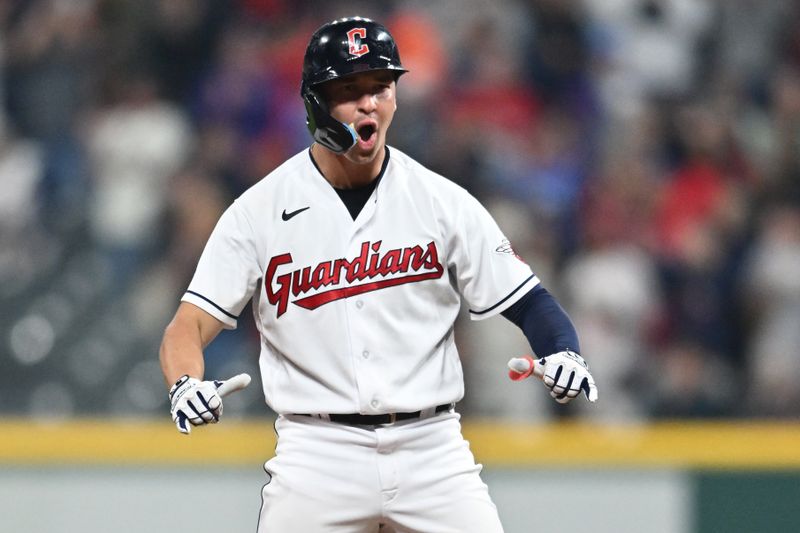 Jun 6, 2023; Cleveland, Ohio, USA; Cleveland Guardians right fielder Will Brennan (17) celebrates after hitting an an RBI double during the eighth inning against the Boston Red Sox at Progressive Field. Mandatory Credit: Ken Blaze-USA TODAY Sports