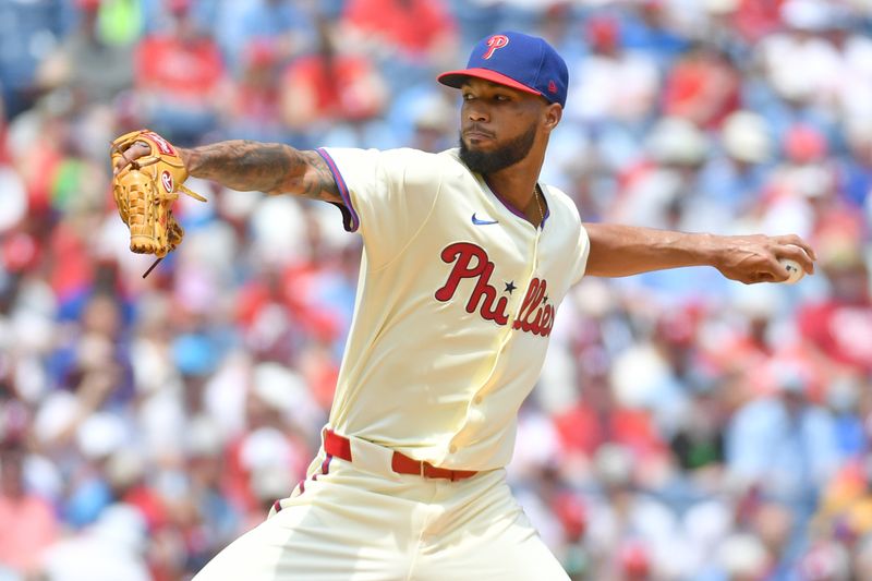 Jun 23, 2024; Philadelphia, Pennsylvania, USA;Philadelphia Phillies pitcher Cristopher Sánchez (61) throws a pitch during the second inning against the Arizona Diamondbacks at Citizens Bank Park. Mandatory Credit: Eric Hartline-USA TODAY Sports