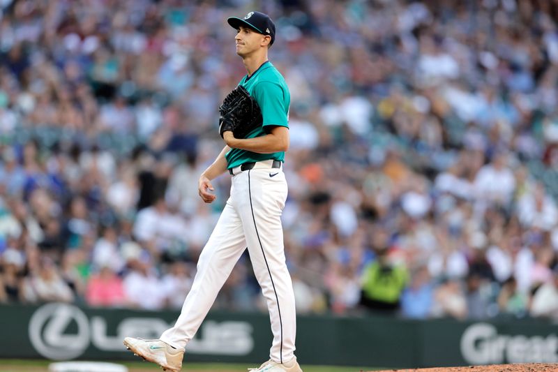 Jul 20, 2024; Seattle, Washington, USA; Seattle Mariners starting pitcher George Kirby (68) reacts after hitting Houston Astros third baseman Alex Bregman (not pictured) with a pitch during the fourth inning at T-Mobile Park. Mandatory Credit: John Froschauer-USA TODAY Sports