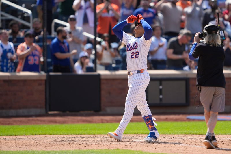 May 1, 2025; New York City, New York, USA; New York Mets right fielder Juan Soto (22) reacts to hitting a home run as he crosses home plate against the Arizona Diamondbacks during the sixth inning at Citi Field. Mandatory Credit: Gregory Fisher-Imagn Images