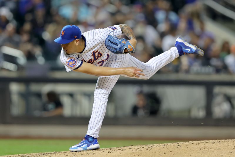 Aug 15, 2023; New York City, New York, USA; New York Mets relief pitcher Jose Butto (70) follows through on a pitch against the Pittsburgh Pirates during the fifth inning at Citi Field. Mandatory Credit: Brad Penner-USA TODAY Sports