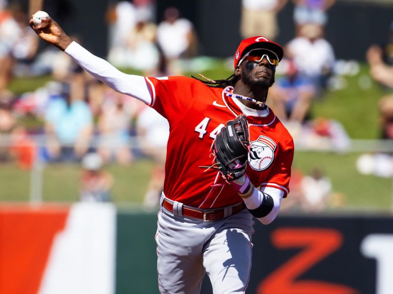 Mar 19, 2024; Tempe, Arizona, USA; Cincinnati Reds infielder Elly De La Cruz against the Los Angeles Angels during a spring training game at Tempe Diablo Stadium. Mandatory Credit: Mark J. Rebilas-USA TODAY Sports