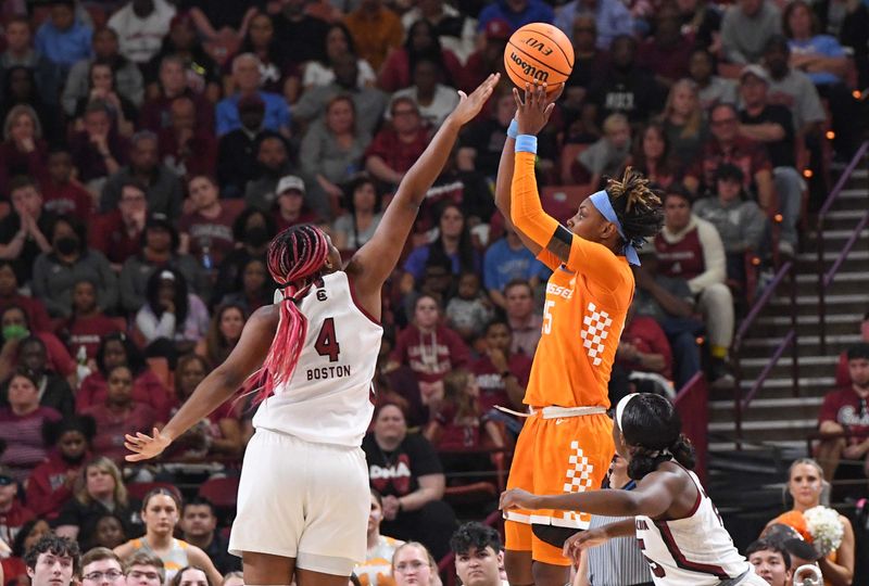 Mar 5, 2023; Greenville, SC, USA; Tennessee guard Jordan Horston (25) shoots over South Carolina forward Aliyah Boston (4) during the fourth quarter of the SEC Women's Basketball Tournament at Bon Secours Wellness Arena. Mandatory Credit: Ken Ruinard-USA TODAY Sports