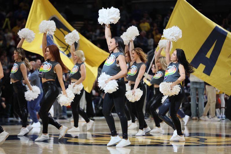 INDIANAPOLIS, INDIANA - MARCH 31:  The Indiana Pacers cheerleaders perform against the Oklahoma City Thunder at Gainbridge Fieldhouse on March 31, 2023 in Indianapolis, Indiana.    NOTE TO USER: User expressly acknowledges and agrees that, by downloading and/or using this photograph, User is consenting to the terms and conditions of the Getty Images License Agreement. (Photo by Andy Lyons/Getty Images)