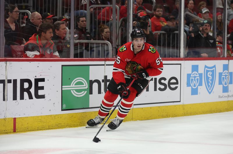 Apr 2, 2025; Chicago, Illinois, USA; Chicago Blackhawks defenseman Artyom Levshunov (55) skates down-ice during the second period against the Colorado Avalanche at United Center. Mandatory Credit: Talia Sprague-Imagn Images