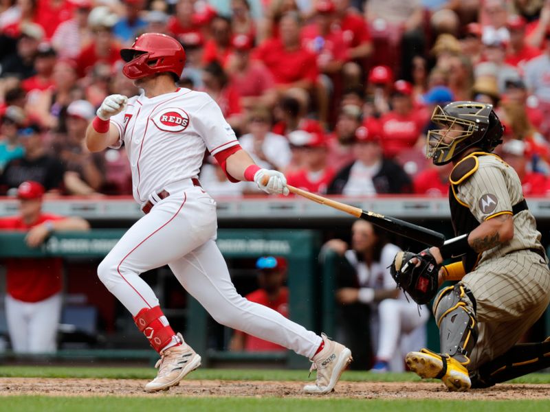 Jul 2, 2023; Cincinnati, Ohio, USA; Cincinnati Reds first baseman Spencer Steer (7) hits a single against the San Diego Padres during the sixth inning at Great American Ball Park. Mandatory Credit: David Kohl-USA TODAY Sports