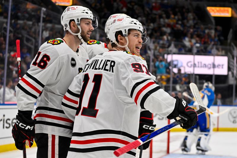 Dec 23, 2023; St. Louis, Missouri, USA;  Chicago Blackhawks left wing Anthony Beauvillier (91) reacts after scoring against the St. Louis Blues during the first period at Enterprise Center. Mandatory Credit: Jeff Curry-USA TODAY Sports