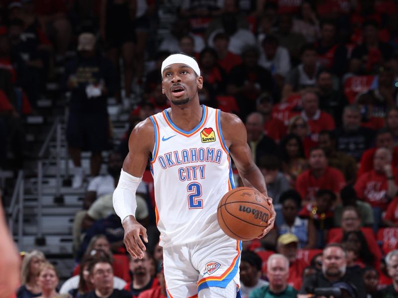 NEW ORLEANS, LA - APRIL 27:  Shai Gilgeous-Alexander #2 of the Oklahoma City Thunder handles the ball during the game against the New Orleans Pelicans during Round 1 Game 3 of the 2024 NBA Playoffs on April 27, 2024 at the Smoothie King Center in New Orleans, Louisiana. NOTE TO USER: User expressly acknowledges and agrees that, by downloading and or using this Photograph, user is consenting to the terms and conditions of the Getty Images License Agreement. Mandatory Copyright Notice: Copyright 2024 NBAE (Photo by Jeff Haynes/NBAE via Getty Images)