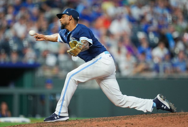 Jul 28, 2023; Kansas City, Missouri, USA; Kansas City Royals relief pitcher Jose Cuas (74) pitches during the sixth inning against the Minnesota Twins at Kauffman Stadium. Mandatory Credit: Jay Biggerstaff-USA TODAY Sports