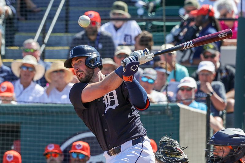 Feb 26, 2024; Lakeland, Florida, USA; Detroit Tigers right fielder Matt Vierling (8) bats during the second inning against the Houston Astros at Publix Field at Joker Marchant Stadium. Mandatory Credit: Mike Watters-USA TODAY Sports
