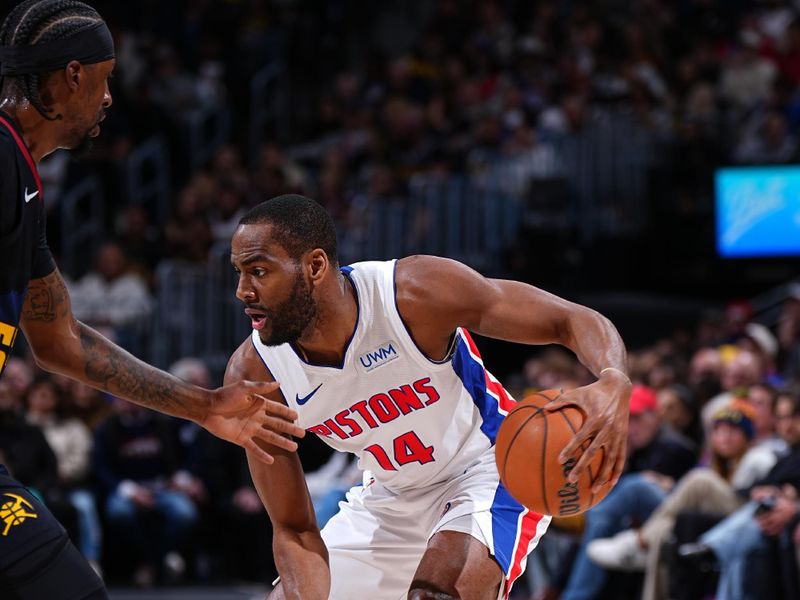 DENVER, CO - JANUARY 7: Alec Burks #14 of the Detroit Pistons dribbles the ball during the game against the Denver Nuggets on January 7, 2024 at the Ball Arena in Denver, Colorado. NOTE TO USER: User expressly acknowledges and agrees that, by downloading and/or using this Photograph, user is consenting to the terms and conditions of the Getty Images License Agreement. Mandatory Copyright Notice: Copyright 2024 NBAE (Photo by Garrett Ellwood/NBAE via Getty Images)