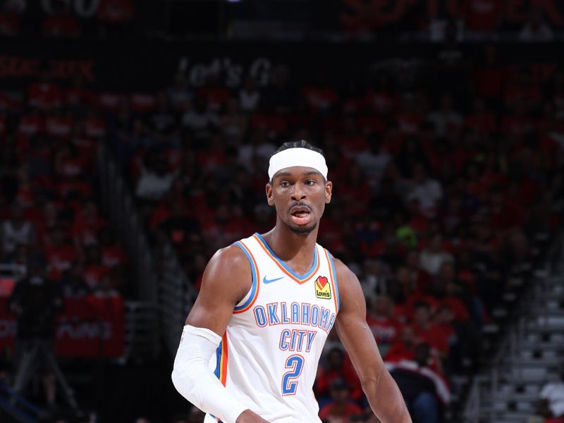 NEW ORLEANS, LA - APRIL 27:  Shai Gilgeous-Alexander #2 of the Oklahoma City Thunder handles the ball during the game against the New Orleans Pelicans during Round 1 Game 3 of the 2024 NBA Playoffs on April 27, 2024 at the Smoothie King Center in New Orleans, Louisiana. NOTE TO USER: User expressly acknowledges and agrees that, by downloading and or using this Photograph, user is consenting to the terms and conditions of the Getty Images License Agreement. Mandatory Copyright Notice: Copyright 2024 NBAE (Photo by Jeff Haynes/NBAE via Getty Images)