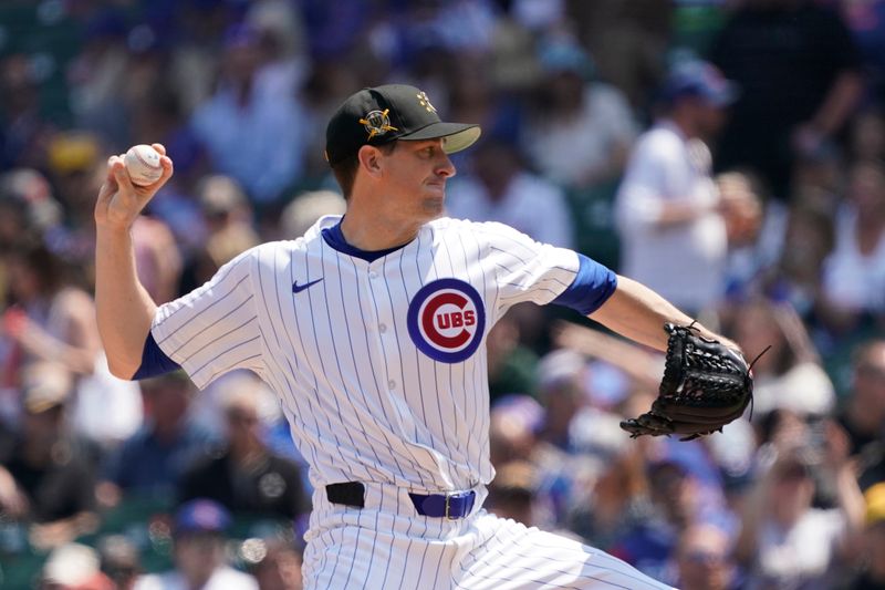 May 17, 2024; Chicago, Illinois, USA; Chicago Cubs pitcher Kyle Hendricks (28) throws the ball against the Pittsburgh Pirates during the first inning at Wrigley Field. Mandatory Credit: David Banks-USA TODAY Sports