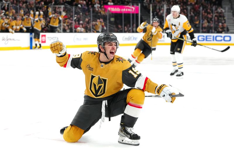 Jan 20, 2024; Las Vegas, Nevada, USA; Vegas Golden Knights center Brendan Brisson (19) celebrates after scoring his first career NHL goal against the Pittsburgh Penguins during the third period at T-Mobile Arena. Mandatory Credit: Stephen R. Sylvanie-USA TODAY Sports