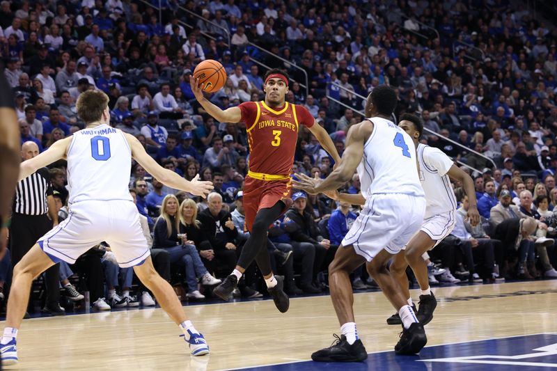 Jan 16, 2024; Provo, Utah, USA; Iowa State Cyclones guard Tamin Lipsey (3) goes to the basket against the Brigham Young Cougars during the second half at Marriott Center. Mandatory Credit: Rob Gray-USA TODAY Sports