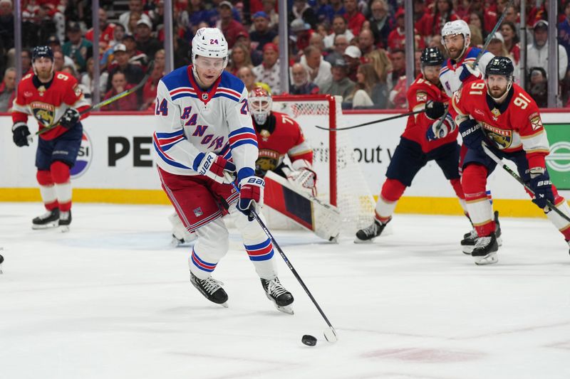 Jun 1, 2024; Sunrise, Florida, USA; New York Rangers right wing Kaapo Kakko (24) regroups in the Florida Panthers zone during the first period in game six of the Eastern Conference Final of the 2024 Stanley Cup Playoffs at Amerant Bank Arena. Mandatory Credit: Jim Rassol-USA TODAY Sports