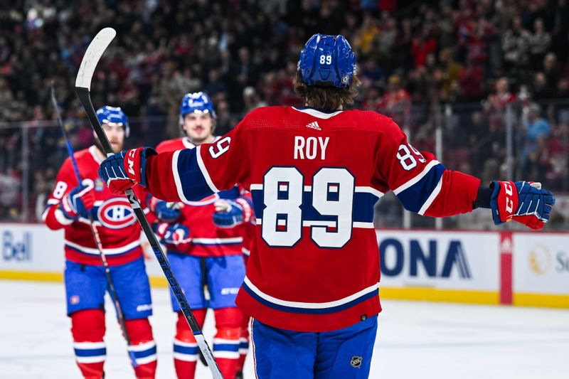 Mar 12, 2024; Montreal, Quebec, CAN; Montreal Canadiens right wing Joshua Roy (89) reacts after scoring a goal against the Columbus Blue Jackets during the first period at Bell Centre. Mandatory Credit: David Kirouac-USA TODAY Sports