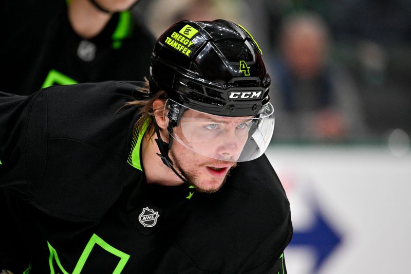 Nov 29, 2024; Dallas, Texas, USA; Dallas Stars defenseman Miro Heiskanen (4) waits for the face-off against the Colorado Avalanche during the first period at the American Airlines Center. Mandatory Credit: Jerome Miron-Imagn Images