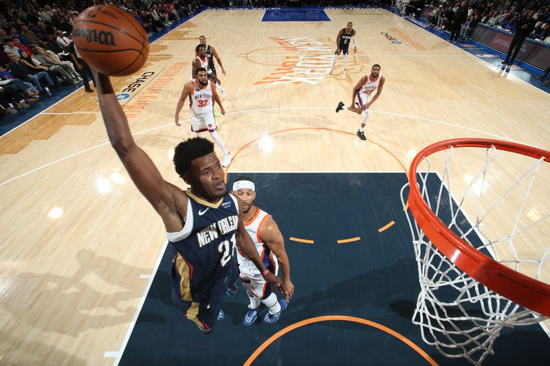 NEW YORK, NY - DECEMBER 1: Yves Missi #21 of the New Orleans Pelicans drives to the basket during the game against the New York Knicks on December 1, 2024 at Madison Square Garden in New York City, New York.  NOTE TO USER: User expressly acknowledges and agrees that, by downloading and or using this photograph, User is consenting to the terms and conditions of the Getty Images License Agreement. Mandatory Copyright Notice: Copyright 2024 NBAE  (Photo by Nathaniel S. Butler/NBAE via Getty Images)