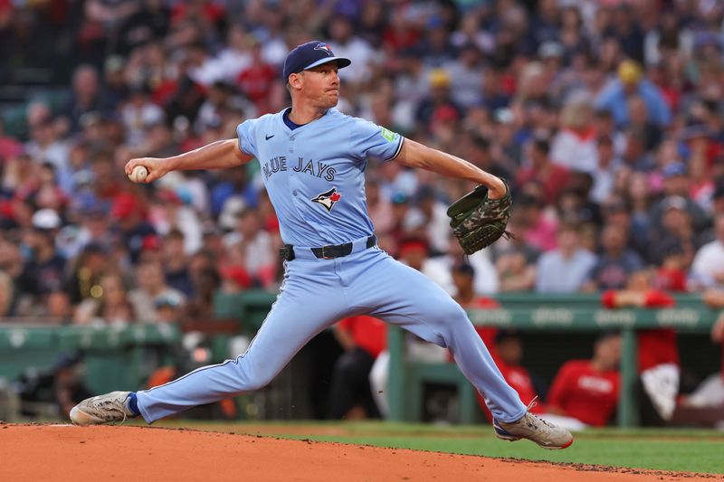 Jun 24, 2024; Boston, Massachusetts, USA; Toronto Blue Jays starting pitcher Chris Bassitt (40) throws a pitch during the second inning against the Boston Red Sox at Fenway Park. Mandatory Credit: Paul Rutherford-USA TODAY Sports