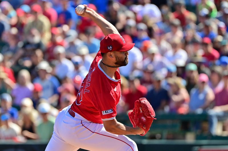 Mar 11, 2024; Tempe, Arizona, USA;  Los Angeles Angels starting pitcher Patrick Sandoval (43) throws in the first inning against the Texas Rangers during a spring training game at Tempe Diablo Stadium. Mandatory Credit: Matt Kartozian-USA TODAY Sports