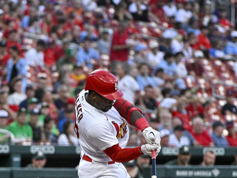 Aug 14, 2023; St. Louis, Missouri, USA;  St. Louis Cardinals right fielder Jordan Walker (18) hits a single against the Oakland Athletics during the second inning at Busch Stadium. Mandatory Credit: Jeff Curry-USA TODAY Sports