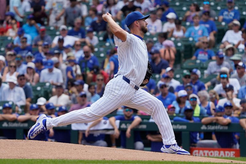 Jul 23, 2025; Chicago, Illinois, USA; Chicago Cubs pitcher Colin Rea (53) throws the ball against the Kansas City Royals during the first inning at Wrigley Field. Mandatory Credit: David Banks-Imagn Images