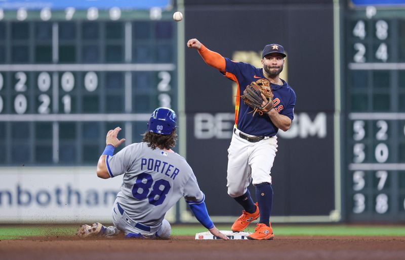 Sep 24, 2023; Houston, Texas, USA; Kansas City Royals catcher Logan Porter (88) is out at second base as Houston Astros second baseman Jose Altuve (27) throws to first base to complete a double play during the seventh inning at Minute Maid Park. Mandatory Credit: Troy Taormina-USA TODAY Sports