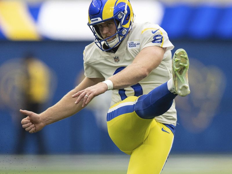 Los Angeles Rams place kicker Matt Gay (8) kicks before an NFL football game against the Atlanta Falcons Sunday, Sept. 18, 2022, in Inglewood, Calif. (AP Photo/Kyusung Gong)