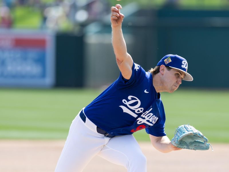 Feb 23, 2026; Phoenix, Arizona, USA; Los Angeles Dodgers pitcher Landon Knack against the Seattle Mariners during a spring training game at Camelback Ranch-Glendale. Mandatory Credit: Mark J. Rebilas-Imagn Images