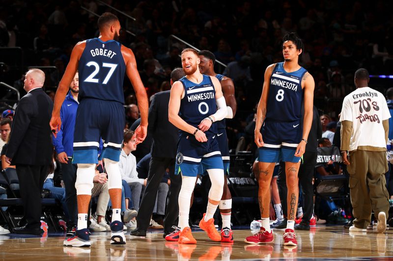 NEW YORK, NY - OCTOBER 13: Donte DiVincenzo #0 of the Minnesota Timberwolves smiles during the game on October 13, 2024 at Madison Square Garden in New York City, New York.  NOTE TO USER: User expressly acknowledges and agrees that, by downloading and or using this photograph, User is consenting to the terms and conditions of the Getty Images License Agreement. Mandatory Copyright Notice: Copyright 2024 NBAE  (Photo by David L. Nemec/NBAE via Getty Images)