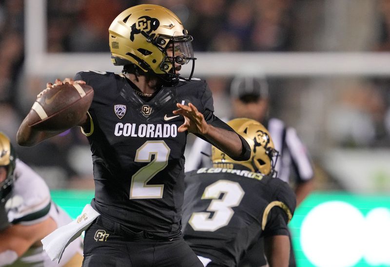 Sep 16, 2023; Boulder, Colorado, USA; Colorado Buffaloes quarterback Shedeur Sanders (2) passes the ball against the Colorado State Rams during the first half at Folsom Field. Mandatory Credit: Andrew Wevers-USA TODAY Sports