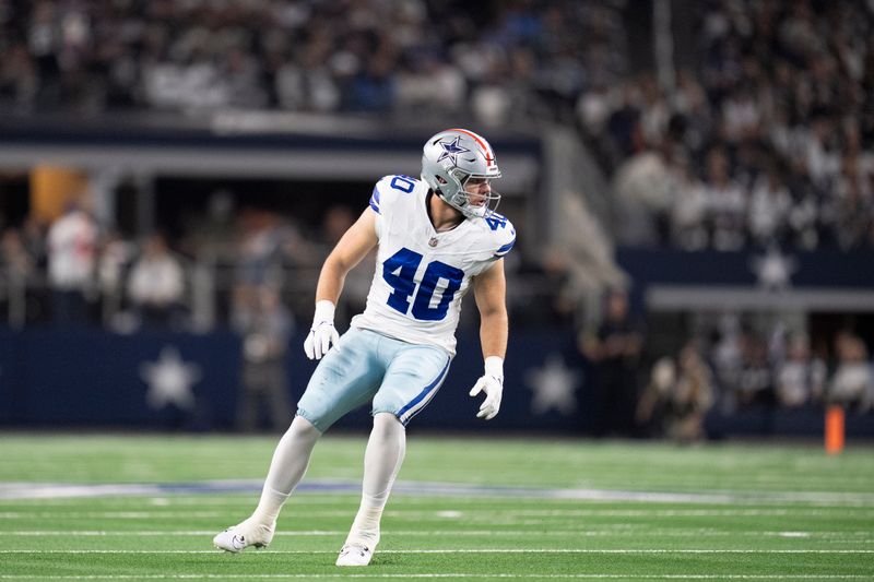 Dallas Cowboys running back Hunter Luepke lines up for a play during the first half of an NFL football game between the Dallas Cowboys and the New York Giants, Sunday, Nov. 12, 2023, in Arlington, Texas. The Cowboys won 49-17. (AP Photo/Julio Cortez)