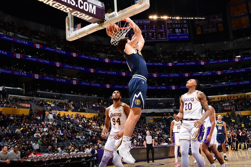 LOS ANGELES, CA - NOVEMBER 23: PJ Hall #13 of the Denver Nuggets dunks the ball during the game against the Los Angeles Lakers on November 23, 2024 at Crypto.Com Arena in Los Angeles, California. NOTE TO USER: User expressly acknowledges and agrees that, by downloading and/or using this Photograph, user is consenting to the terms and conditions of the Getty Images License Agreement. Mandatory Copyright Notice: Copyright 2024 NBAE (Photo by Adam Pantozzi/NBAE via Getty Images)