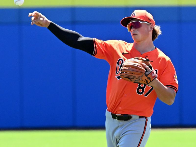 Mar 19, 2024; Dunedin, Florida, USA; Baltimore Orioles second baseman Jackson Holliday (87) warms up before the start  of the spring training game against the Toronto Blue Jays at TD Ballpark. Mandatory Credit: Jonathan Dyer-USA TODAY Sports