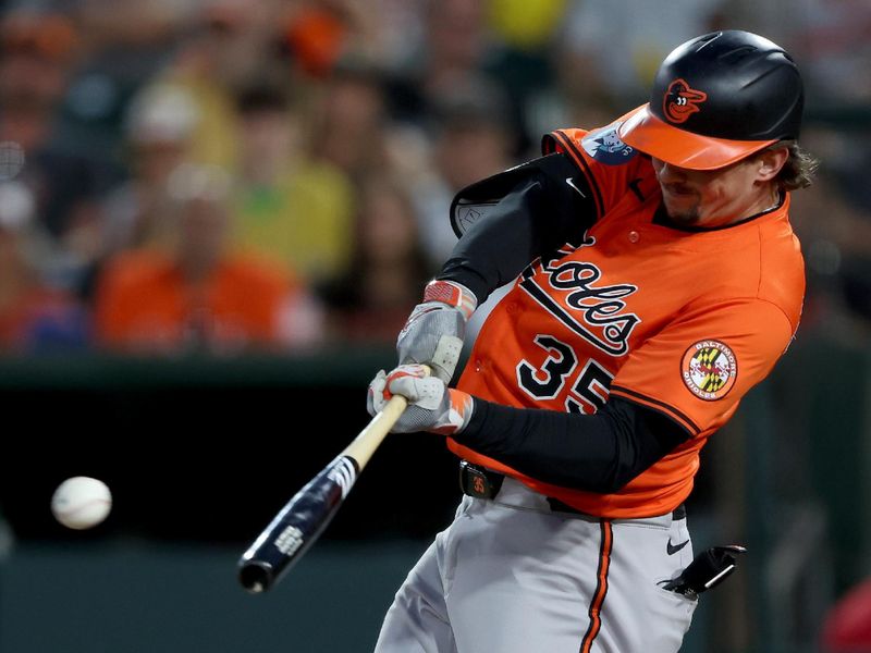 Jun 7, 2025; West Sacramento, California, USA; Baltimore Orioles designated hitter Adley Rutschman (35) hits a double against the Athletics during the fifth inning at Sutter Health Park. Mandatory Credit: Dennis Lee-Imagn Images