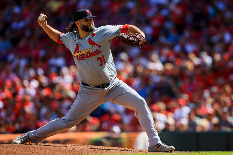 May 27, 2024; Cincinnati, Ohio, USA; St. Louis Cardinals starting pitcher Lance Lynn (31) pitches against the Cincinnati Reds in the second inning at Great American Ball Park. Mandatory Credit: Katie Stratman-USA TODAY Sports