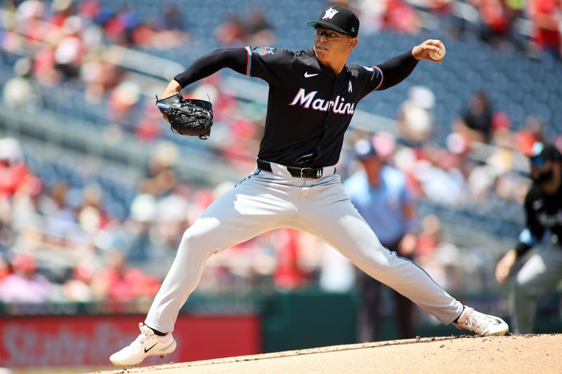 Jun 16, 2024; Washington, District of Columbia, USA; Miami Marlins pitcher Jesús Luzardo (44) throws a pitch in the first inning during a game against the Washington Nationals at Nationals Park. Mandatory Credit: Daniel Kucin Jr.-USA TODAY Sports