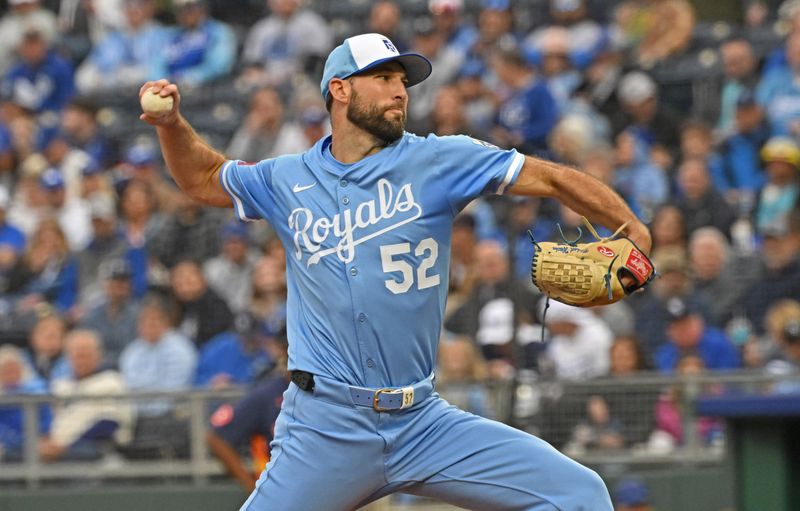 Apr 26, 2025; Kansas City, Missouri, USA;  Kansas City Royals starting pitcher Michael Wacha (52) throws a pitch in the first inning against the Houston Astros at Kauffman Stadium. Mandatory Credit: Peter Aiken-Imagn Images