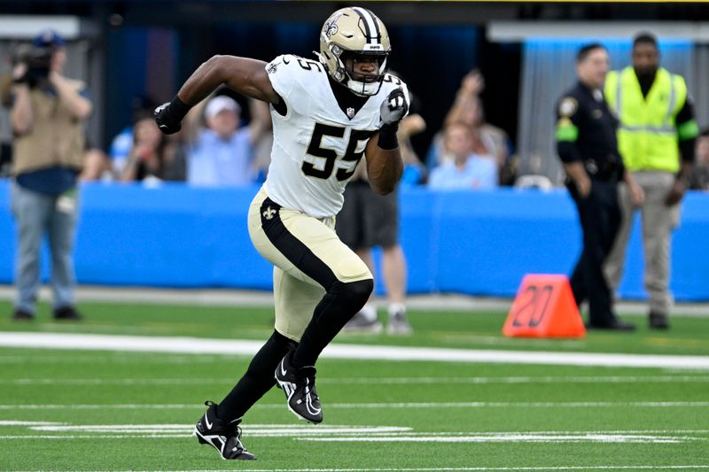 New Orleans Saints' Isaiah Foskey runs downfield on a kickoff during the first half of a preseason NFL football game against the Los Angeles Chargers Sunday, Aug. 20, 2023, in Inglewood, Calif. (AP Photo/Alex Gallardo)