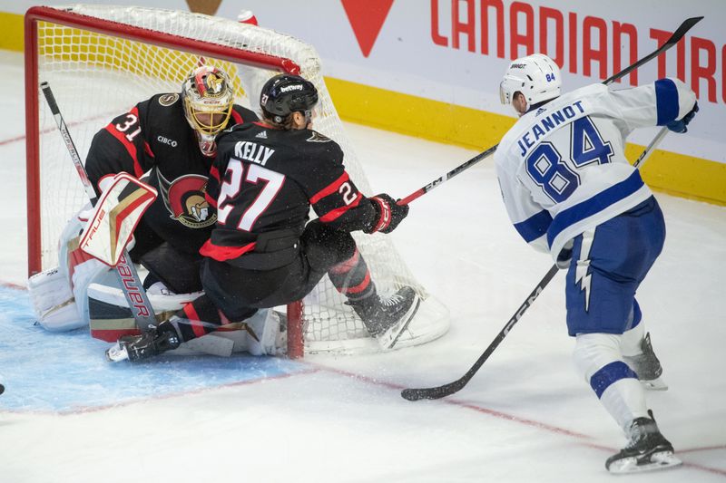 Nov 4, 2023; Ottawa, Ontario, CAN; Ottawa Senators left wing Parker Kelly (27) blocks a shot from Tampa Bay Lightning left wing Tanner Jeannot (84) in the third period at the Canadian Tire Centre. Mandatory Credit: Marc DesRosiers-USA TODAY Sports