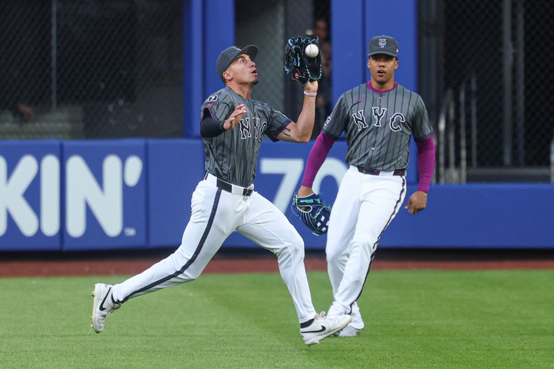 May 25, 2025; New York City, New York, USA; New York Mets center fielder Tyrone Taylor (15) makes a catch for an out during the first inning against the Los Angeles Dodgers at Citi Field. Mandatory Credit: Vincent Carchietta-Imagn Images