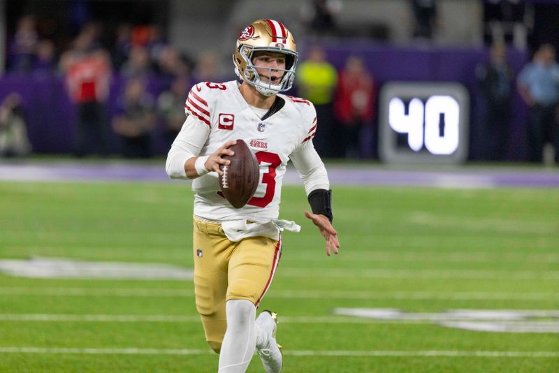 San Francisco 49ers quarterback Brock Purdy plays during an NFL football game against the Minnesota Vikings, Monday, Oct. 23, 2023, in Minneapolis. (AP Photo/Andy Clayton-King)