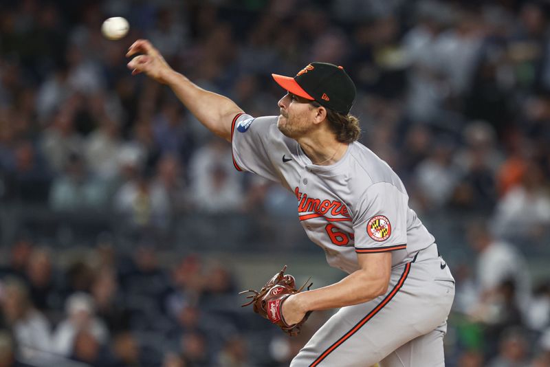Sep 24, 2024; Bronx, New York, USA;  Baltimore Orioles starting pitcher Dean Kremer (64) delivers a pitch during the first inning against the New York Yankees at Yankee Stadium. Mandatory Credit: Vincent Carchietta-Imagn Images